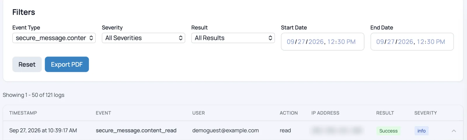 Audit log entry showing a recipient reading a secure message, with the time, the recipient, the result, and an Export PDF button