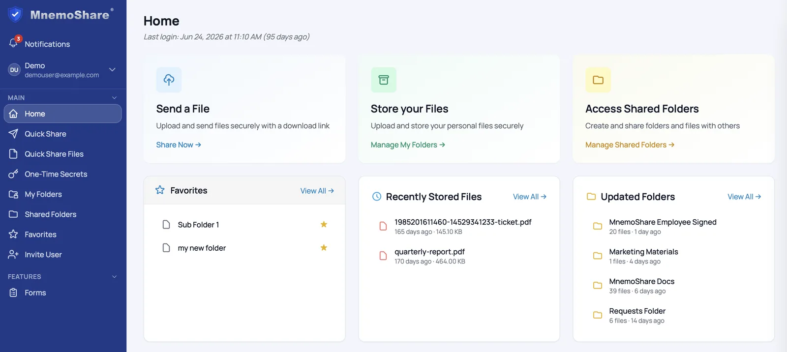 The MnemoShare home screen: send a file, store your files and access shared folders, with favorites, recently stored files and recently updated folders