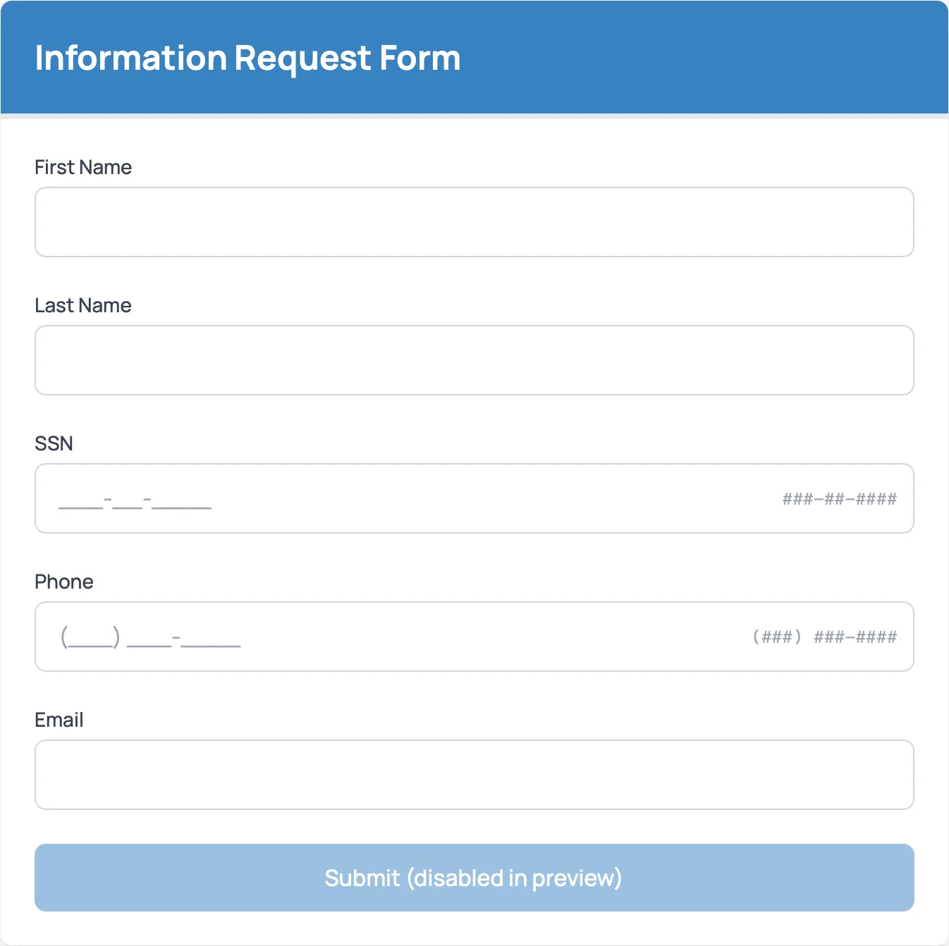A secure information request form with fields for name, Social Security number, phone and email