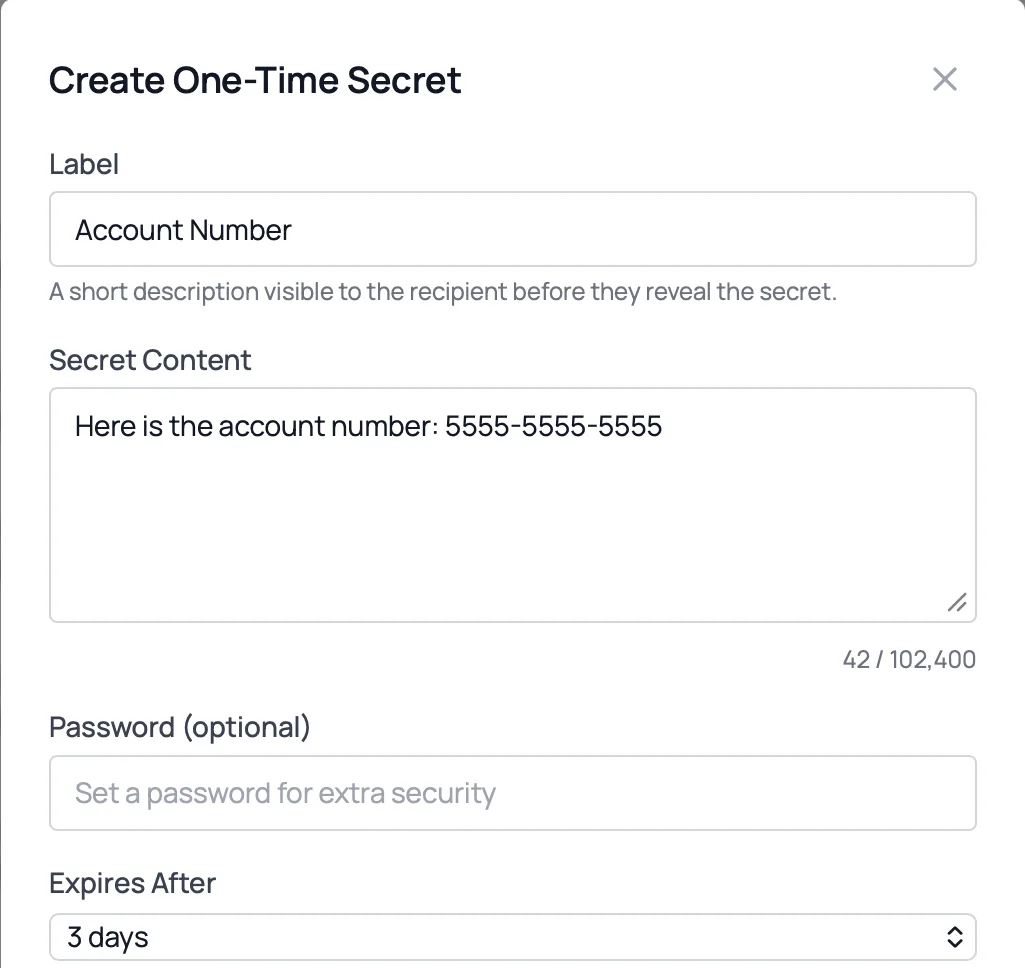Creating a one-time secret labeled Account Number, with an expiry of 3 days