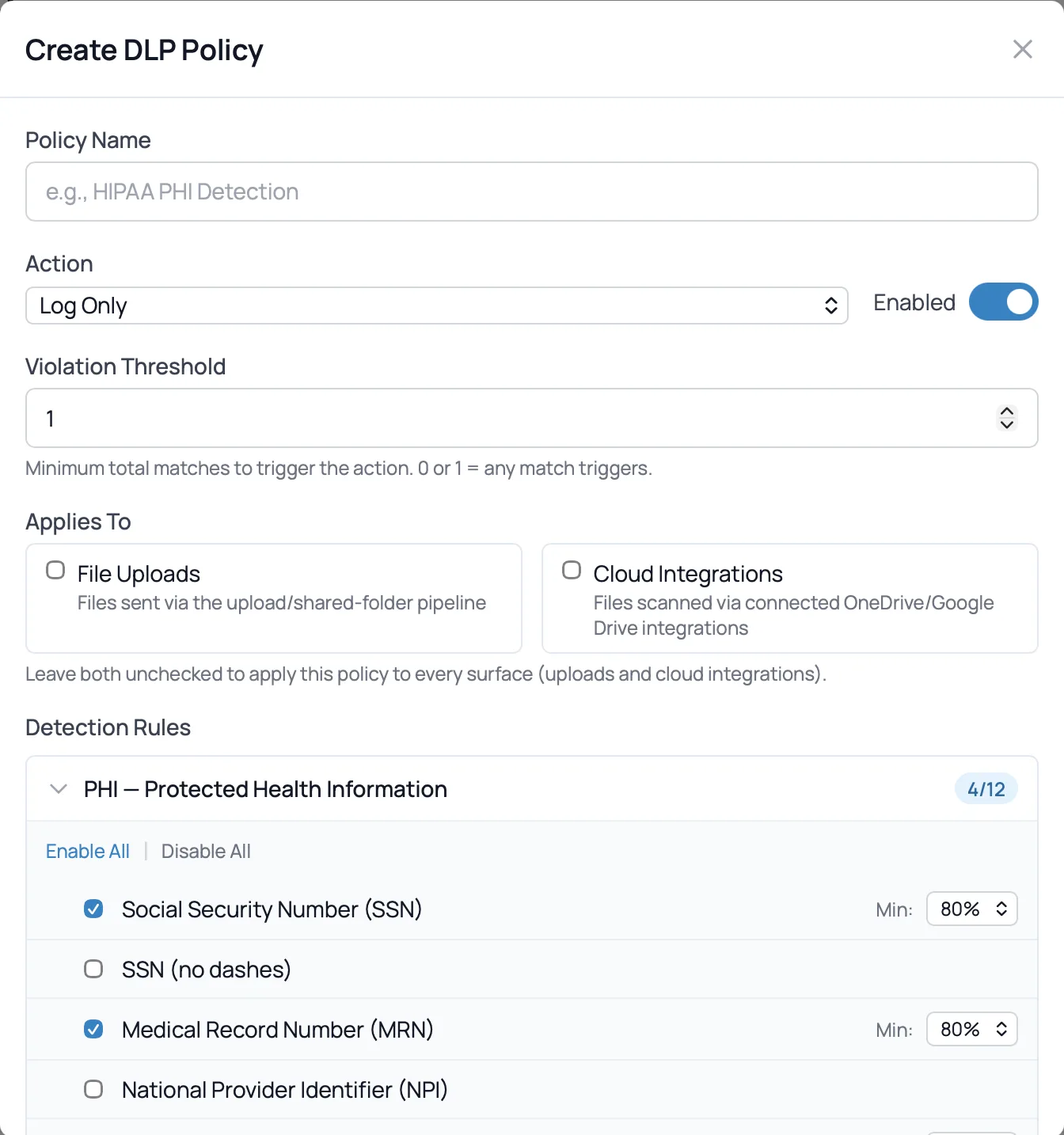 Creating a data protection policy with Social Security number and medical record number detection switched on for file uploads