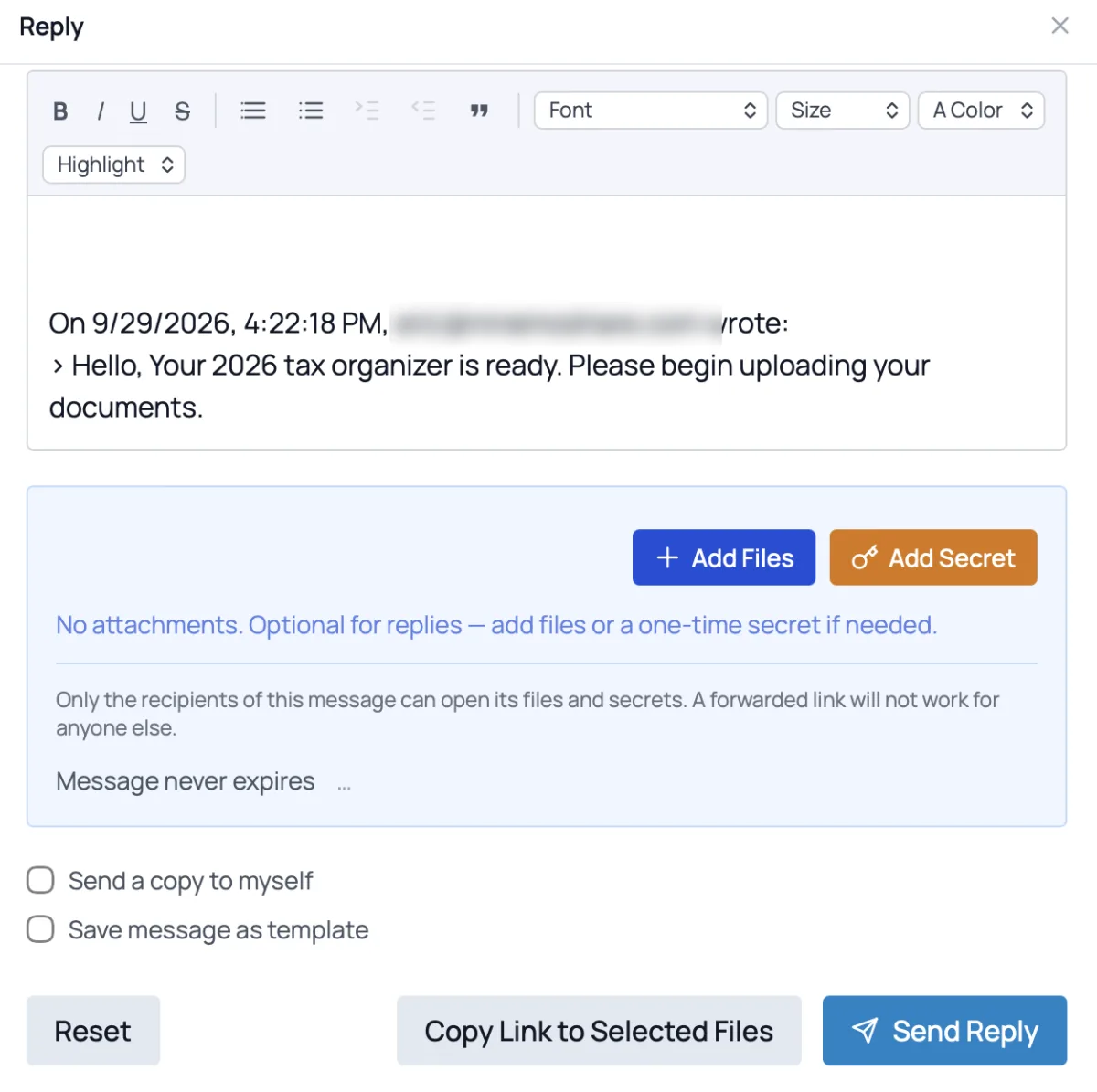 The client's reply to a 2026 tax organizer request, with Add Files to upload their documents