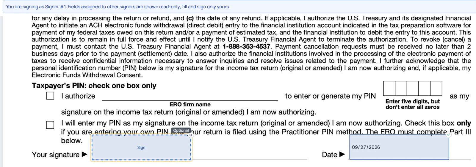 What a signer sees: their own signature and date fields to complete, with the other signer's fields shown read-only