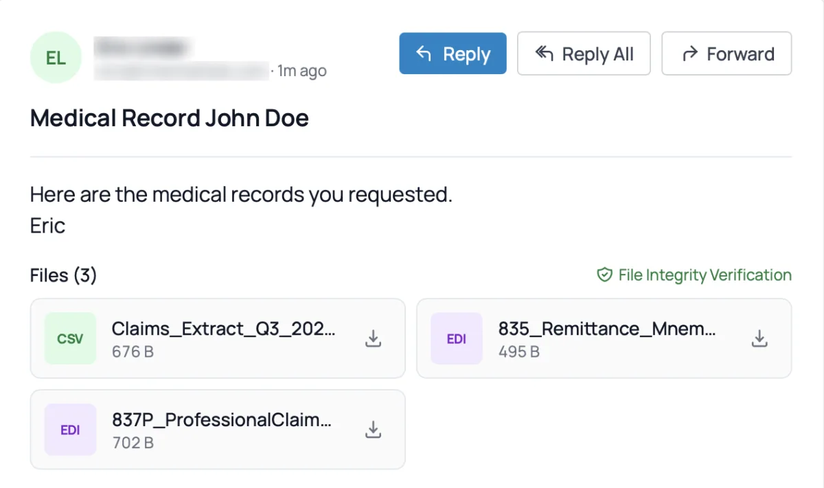 Opened message showing three files and a file integrity verification badge